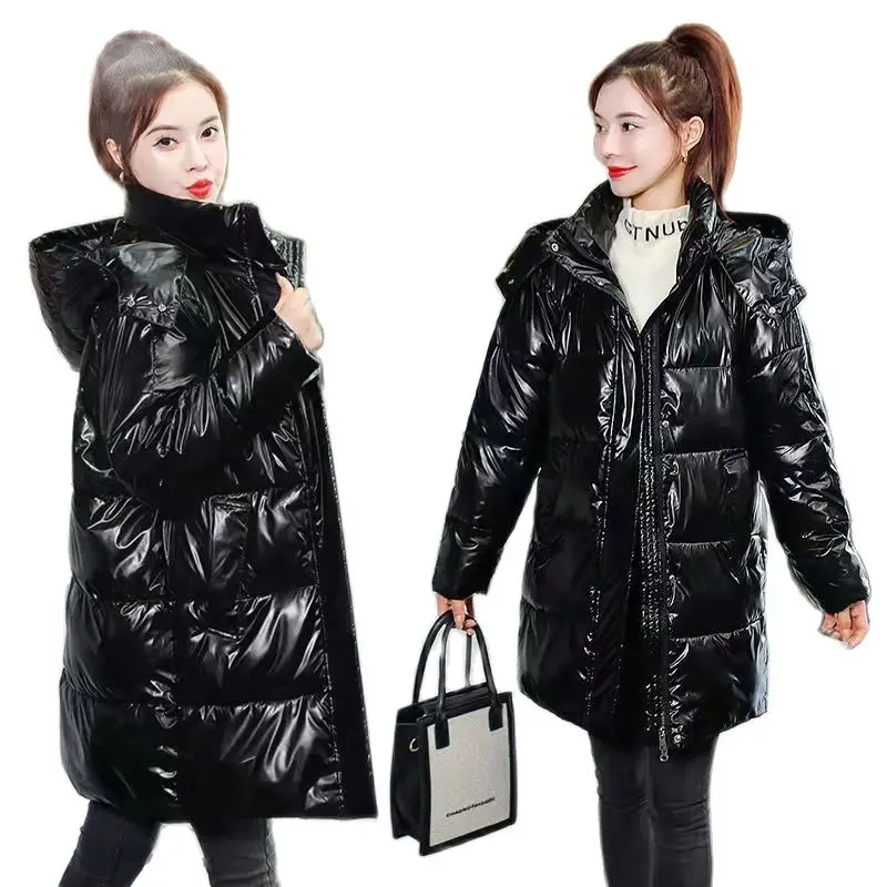 

2022New Winter Jacket Parkas Women Glossy Down Cotton Jackets Hooded Parka Warm Female Cotton Padded Jacket Casual Outwear R2069