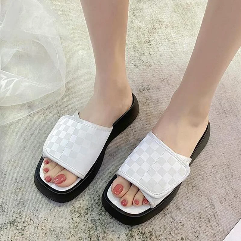 

Wedge Heels Women's Summer Shoes 2022 Platform Street Ladies Slipper Checkerboard Design Square Head Trendy Girl Slides