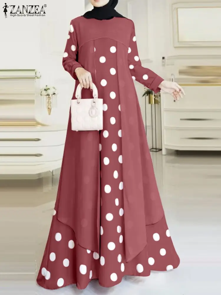 

ZANZEA Women Polka Dots Muslim Dress Full Sleeve O-Neck Printed Sundress Bohemian Casual Loose Elegant Robe Turkey Abaya Vestido