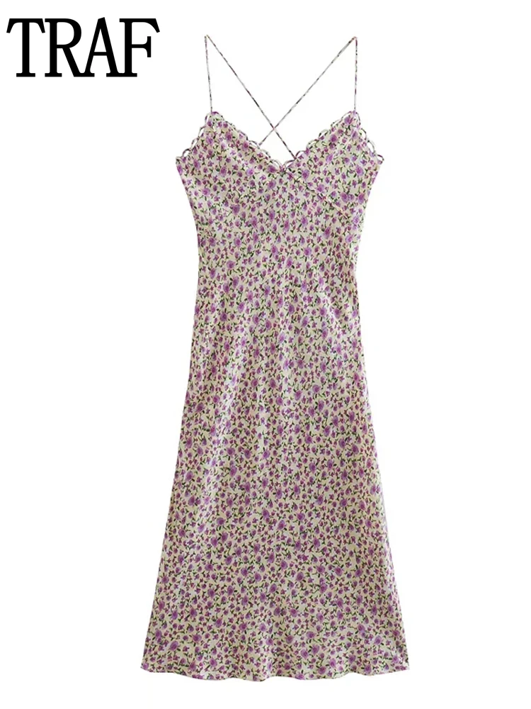 Платье-комбинация с открытыми плечами и цветочным принтом средней длины |