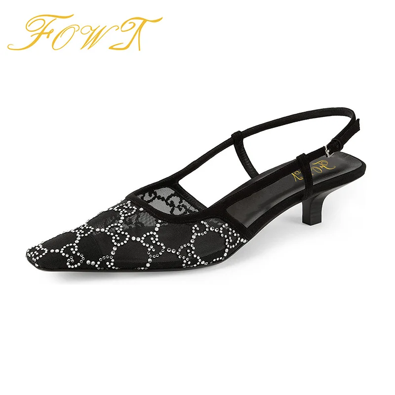 

FOWT Sexy Crystal Slingback Pumps Woman Breathable Mesh Sandals Hollow Ladies 35mm Kitten Heel Shoes Holiday Dress Summer 34-40