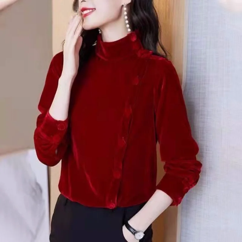 

T -shirt female gold velvet bottom shirt women's 2022 new autumn and winter foreign shirt solid casual stylish loose T shirt