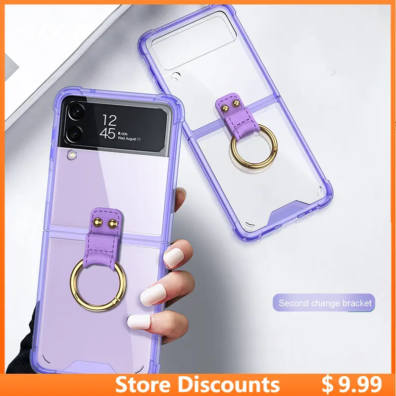 

Anti-fall Ring Stand Holder Case For Samsung Galaxy Z Flip 3 Cover for Galaxy Z Flip Zflip3 Transparent Silicone Folding Shell