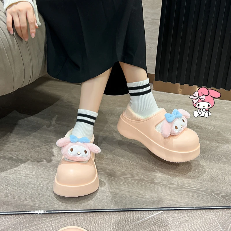 

Sanrios Melody Kuromi Cinnamoroll Soft Plush Slippers Hello Kitty Winter Eva Thick Base Antiskid Comfortable Baotou Home Shoe