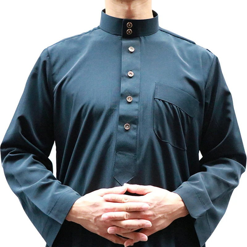 Popular Muslim Men'S Hui Robe Long-Sleeved Stand-Up Collar Casual Solid Color Pakistani Arab Islamic Clothing Мусулманские Плати