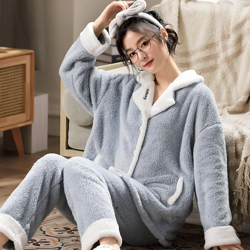 Autumn Winter New Warm Flannel Women's Pajamas Set Long-sleeved Trousers Two-piece Set Cute Soft Home Wear Clothes Set for Girl