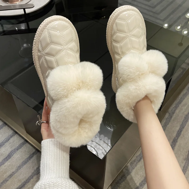 

Women 2022 Winter New Fashion Patent Leather Plaid Big Plush Mouth Thickened Warm and Versatile Comfortable Anti-skid Snow Boots