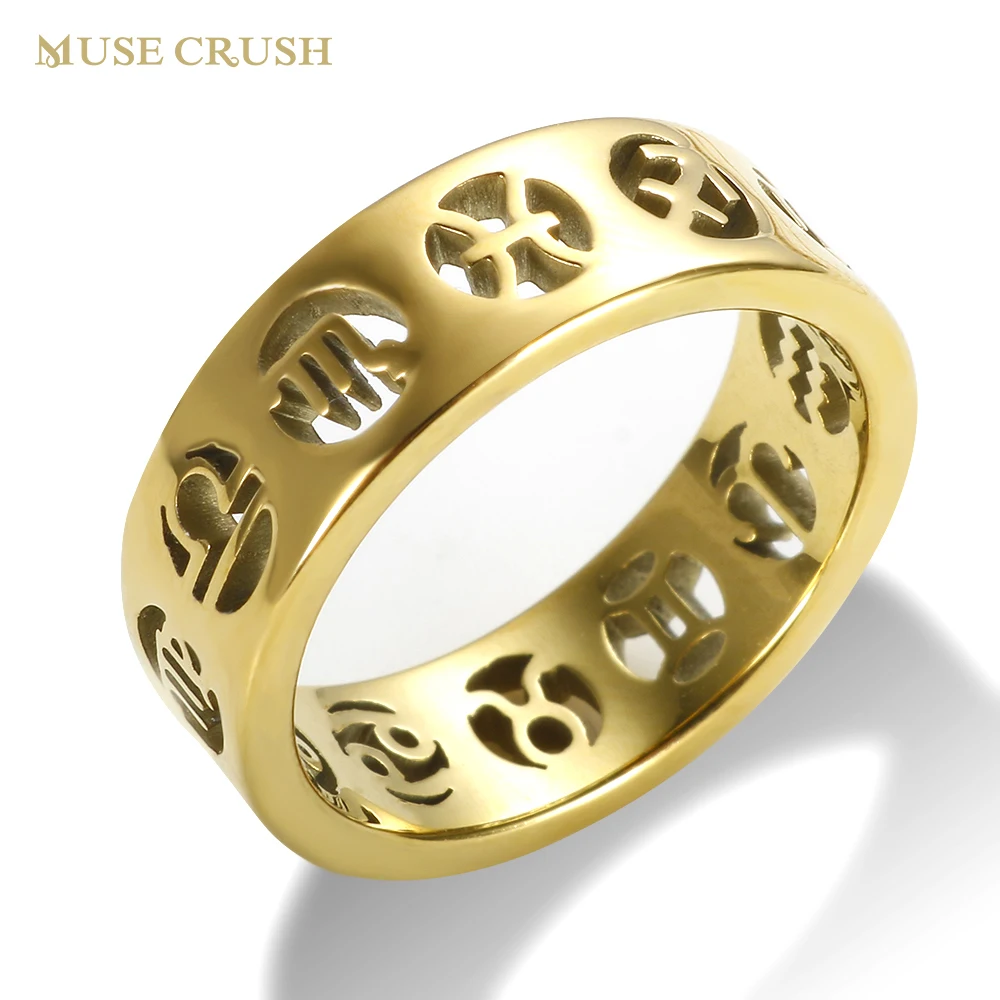

Muse Crush Trendy 12 Zodiac Signs Constellation Hollow Out Ring Stainless Steel Waterproof Rings for Women Girl Birthday Gift