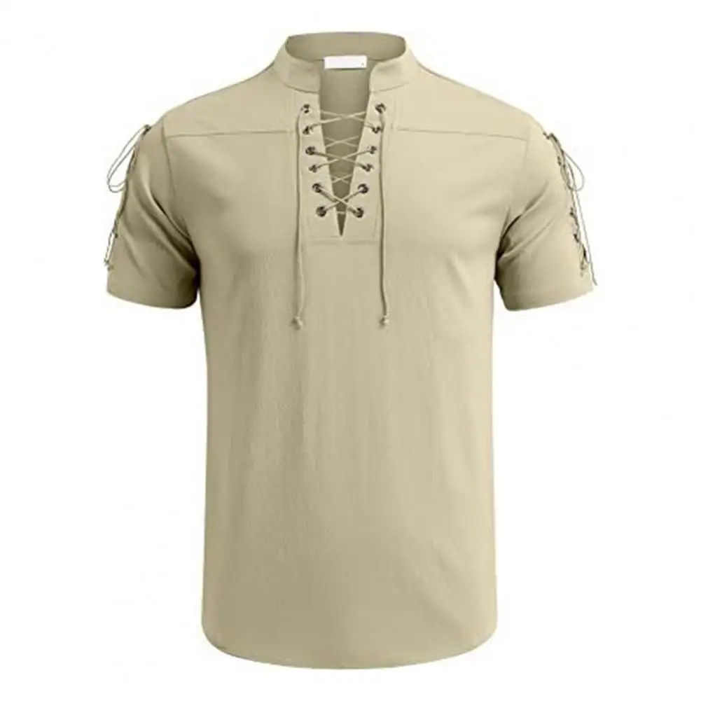 

Рубашка мужская с короткими рукавами, однотонная повседневная с завязками на лямках, с воротником-стойкой, с V-образным вырезом, дышащий Топ средней длины, лето