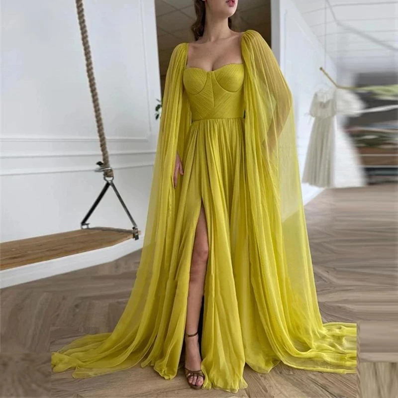 

Шифоновое платье лимонно-желтого цвета для выпускного вечера, элегантное женское платье из искусственной кожи с длинным рукавом и вырезом сердечком, официальное платье 2023
