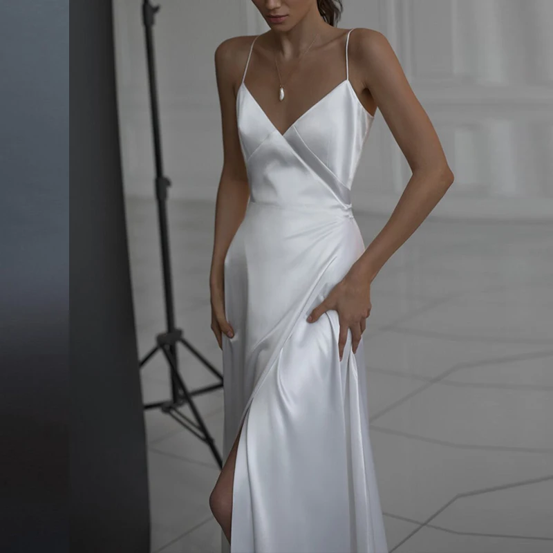2022 Women Elegant Long Dress Sleeveless Camisole V-neck Solid Maxi Tank Split Fork White Dresses