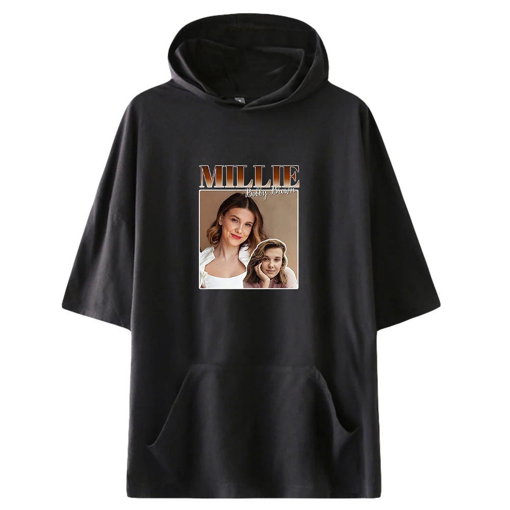 

Millie Bobby Brown Hooded T-shirts Women/Men Summer Short Sleeve Tshirts Hot Sale Casual Harajuku Streetwear Clothes