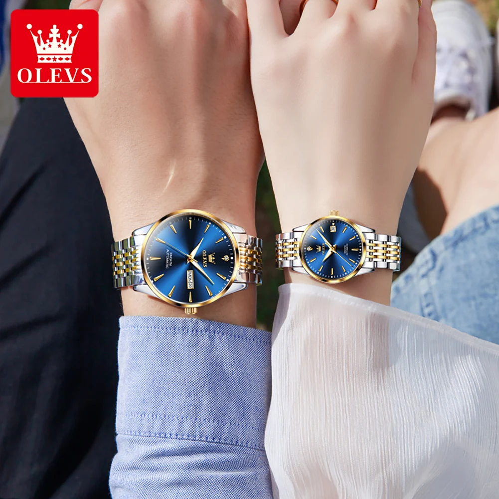 OLEVS New Simple Couple Mechanical Watch Waterproof Stainless Steel Strap Week Calendar Luminous Fashion Casual Automatic Watch