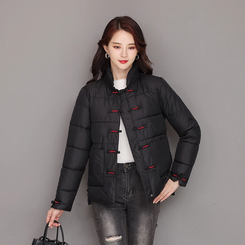 Retro Fashion Ethnic Style Down Jacket Women Vintage Buckle Winter Parkas Padded Jackets Warm Cotton Coat 2023 Puffer Jackets