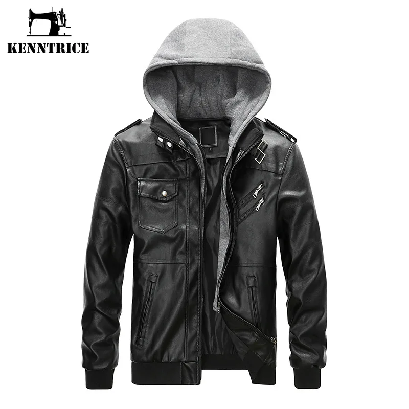 Kenntrice Men Winter Coat Classic Vintage Hooded PU Leather Jacket Fashion Trend Korean Style Wild Outerwear Mens Clothing