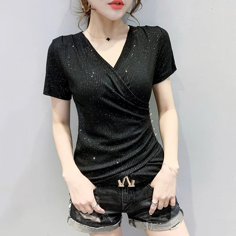 

#7203 Black White Grey Wrap T Shirt Women V-neck Sexy Slim Elastic Cotton Buttons Irregular T Shirt Female Short Sleeves Summer