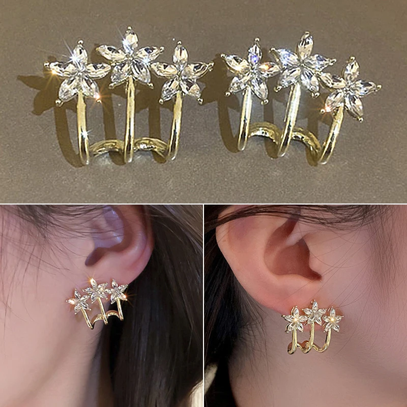 

Stud Earrings For Women Gold Color Metal Rhinestone Flower Ear Ringing Jewelry For Women Girls Hypoallergenic aretes para mujer