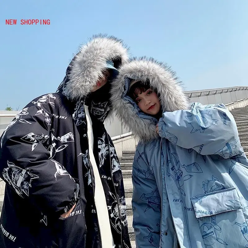 Parka Women Cotton Padded Jacket Fur Hooded Winter Warm Thick Jackets Outwear Hip Hop Fur Collar Sweet Kawaii Oversize Coat
