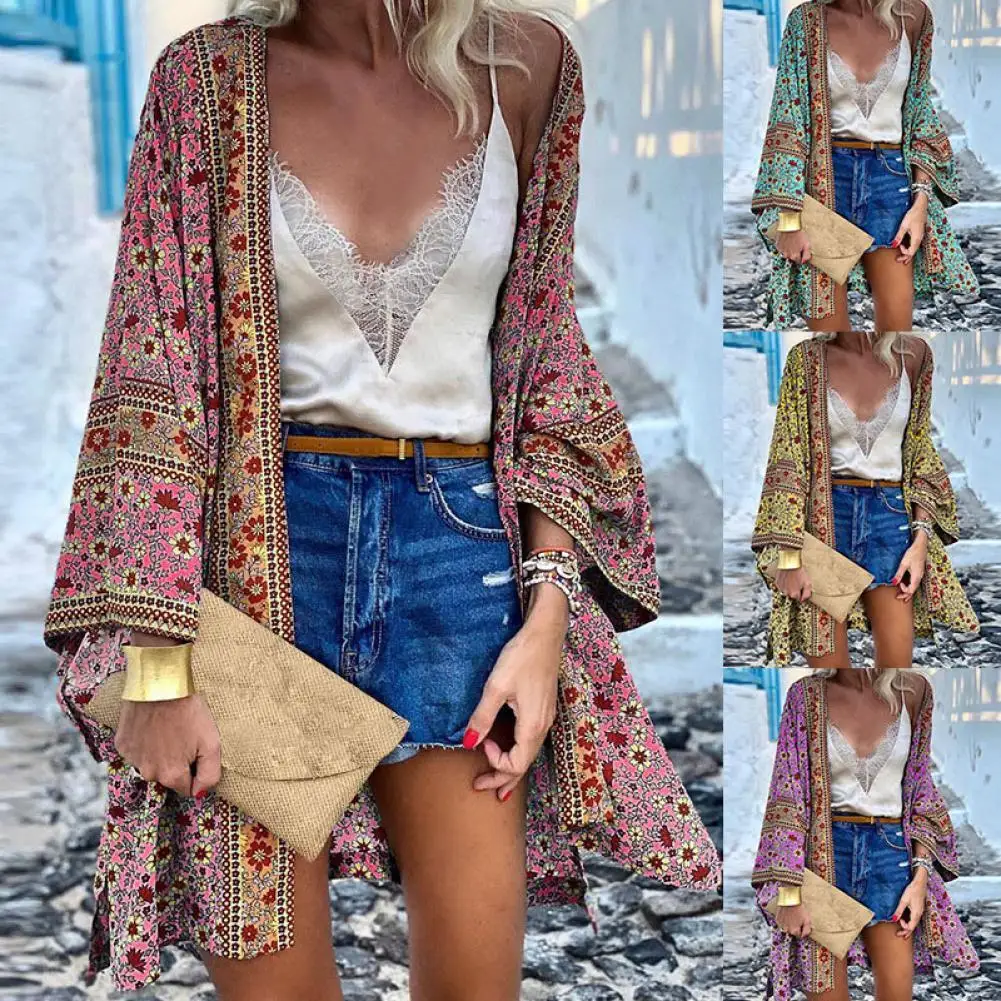 

Women Cardigan Summer Open Front Bohemian Floral Printed Long Sleeve Sun Protection Quick Drying Vintage Shirt for Beachwear