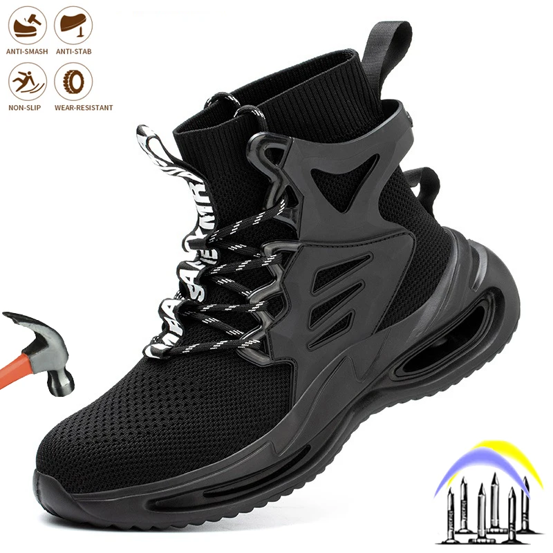 

High Top Men's Indestructible Safety Shoes Steel-toed Puncture-Proof Anti-smash Work Boots Breathable Construction Sneakers