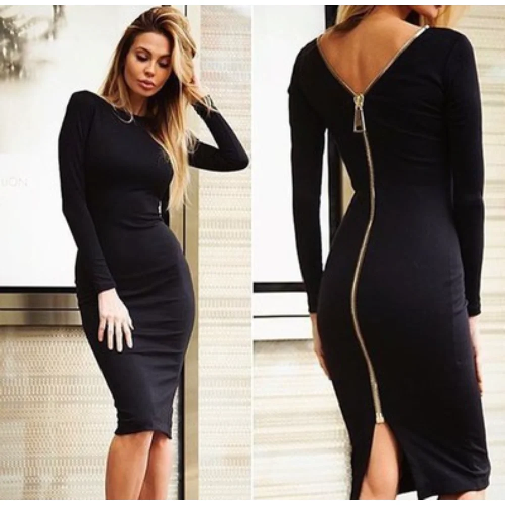 

Женское Трикотажное Платье До Колена, с длинным рукавом и молнией сзади