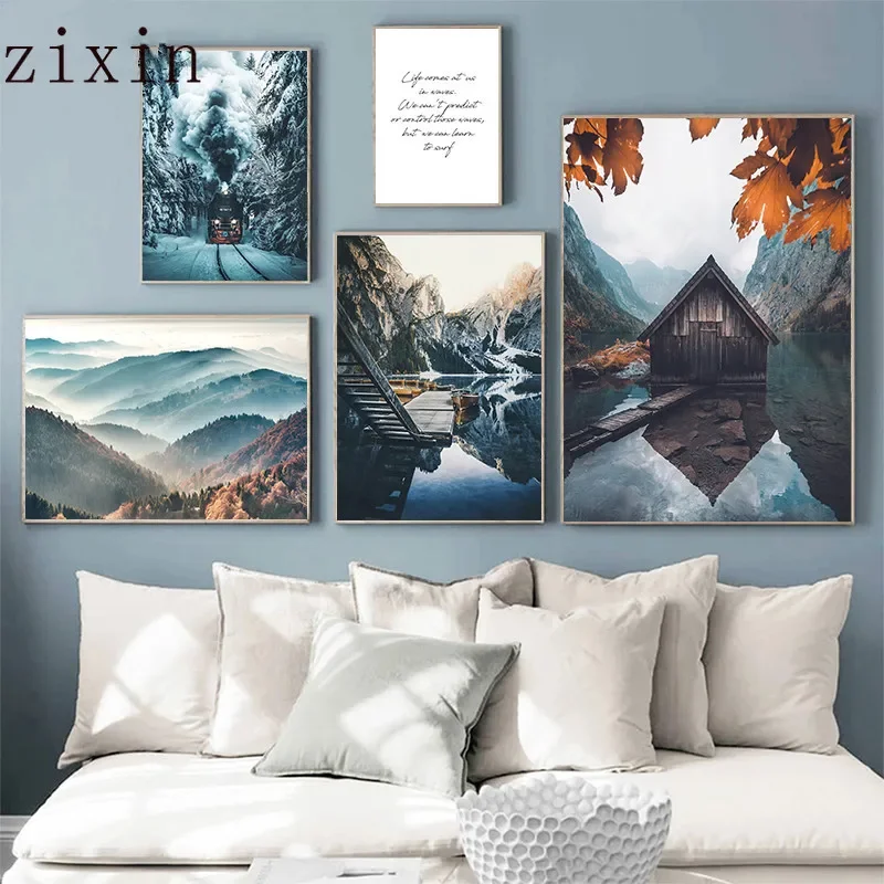 Скандинавский лес снежный пейзаж холст с принтом постер животными оленем озером