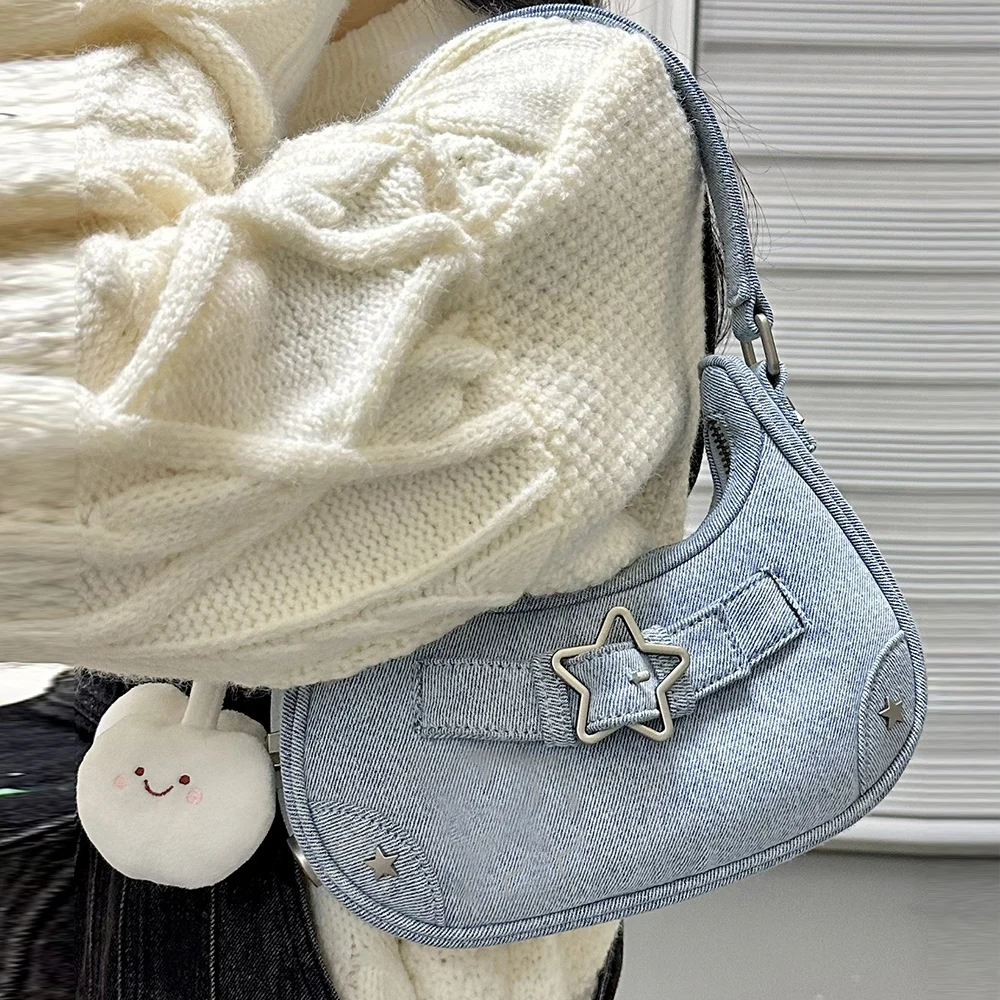 Y2K New Star Underarm Bag Vintage Leather Denim Zip Handbag Casual Versatile Cute Girl Women One Shoulder Backpack Accessories