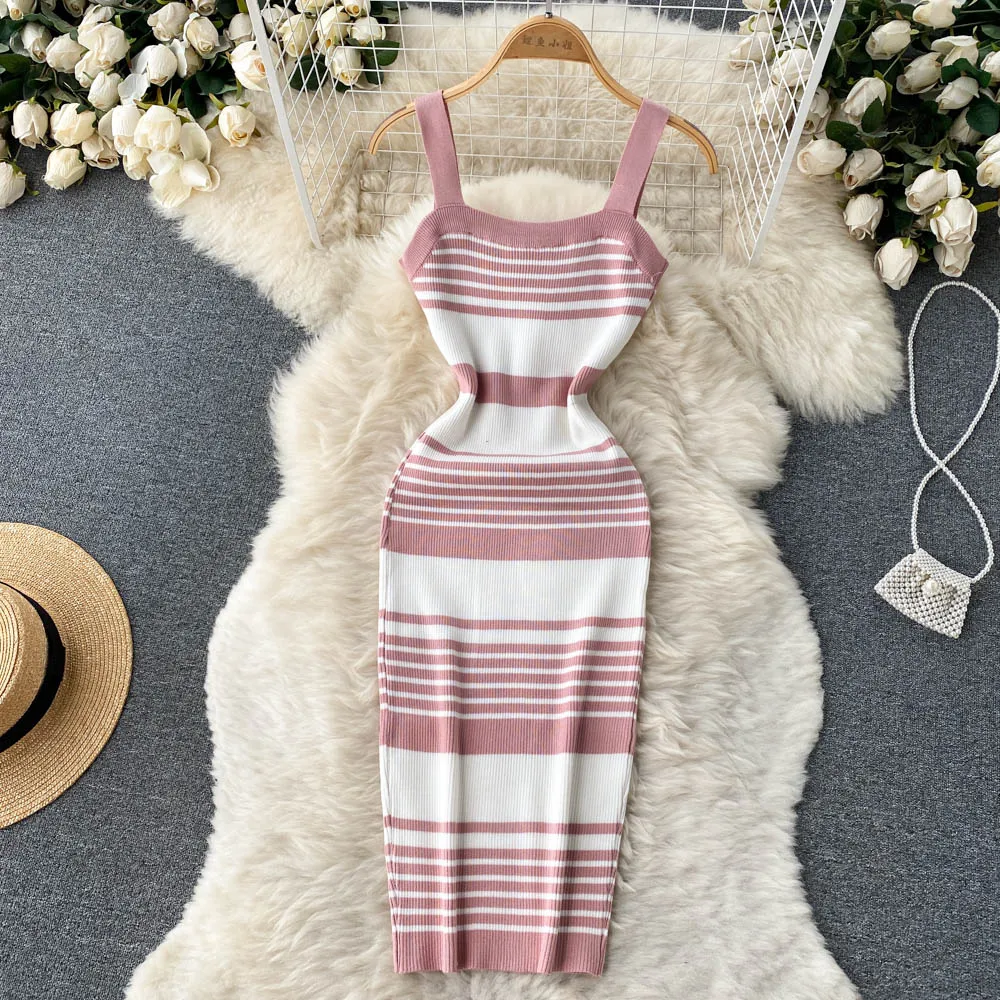 

Sexy Stripe Off Shoulder Knit Slip Dress Chic Sexy Vintage korean Fashion Beach Vacation Dress Women Casual Slim Pencil Vestidos