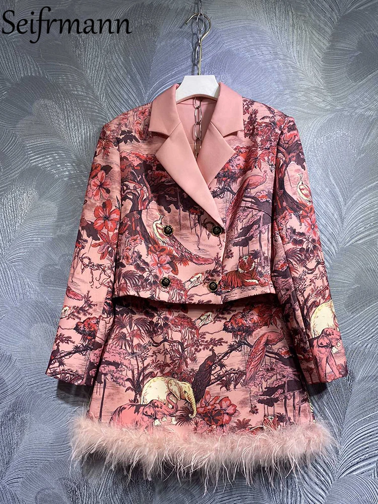 

Seifrmann High Quality Summer Women Fashion Designer Skirts Sets Long Sleeve Short Coats + High Waist Tassel Hem Skirts Suits