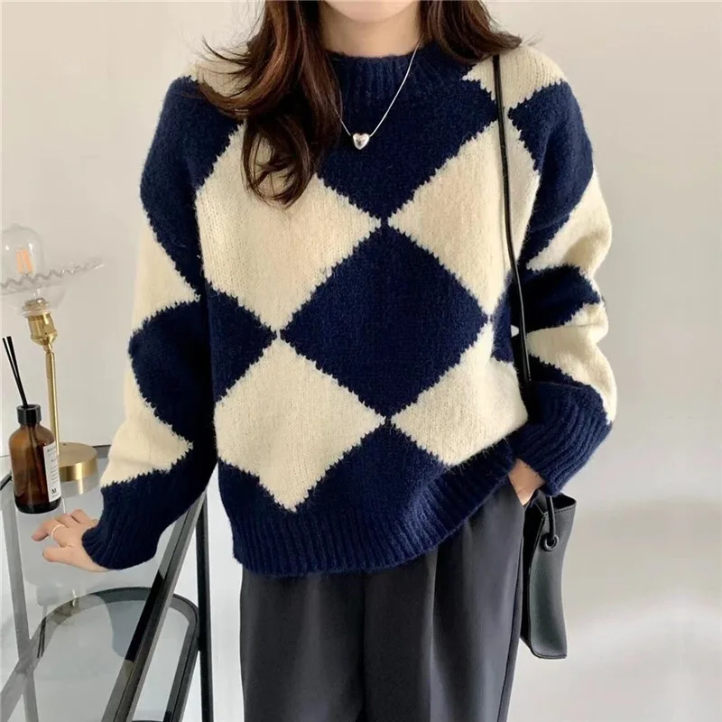 

DAYIFUN Women Jumper Sueter Mujer Korean Fashion Knitted Sweater Pullover Autumn Winter Retro Patchwork Diamond O-neck Outwear