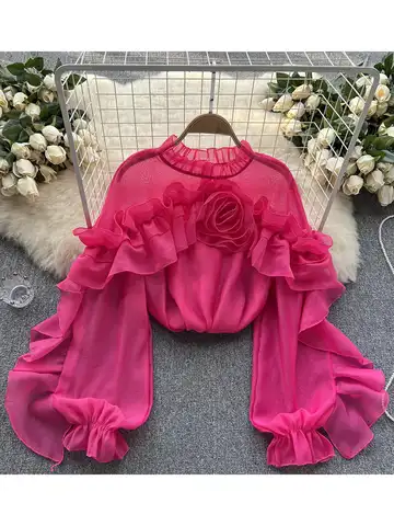 Women Spring Autumn Blouse Design Sense Irregular Ruffle Mesh Shirt Pullover Pleated Small Slimming Chic Top Fashion D3135