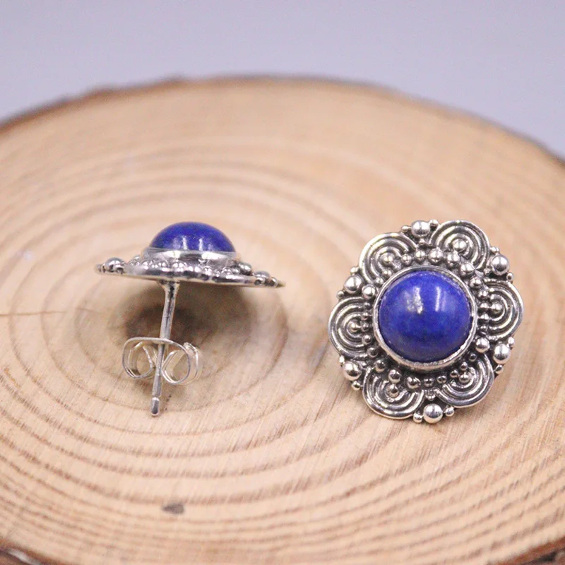 Natural Lapis Lazuli Earrings For Women Sterling Silver 925 Earrings Stud Blue Gemstone Pure Silver Post Big Flower
