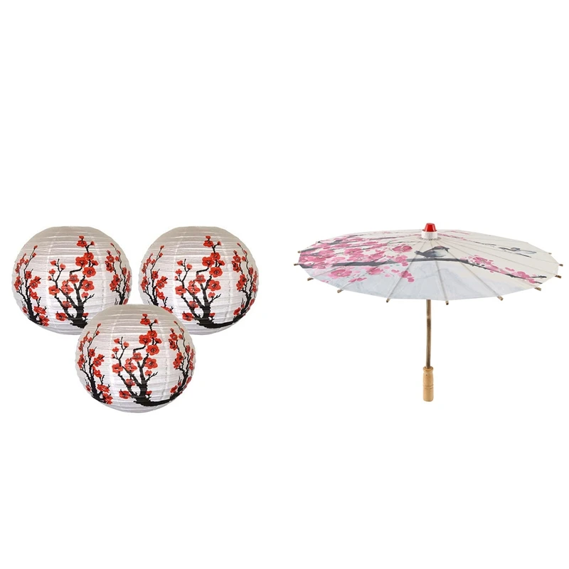 

Practical 3X Red Sakura(Cherry)Flowers White Color Chinese/Japanese Paper Lantern & 1X Art Umbrella Chinese Silk Cloth Umbrella