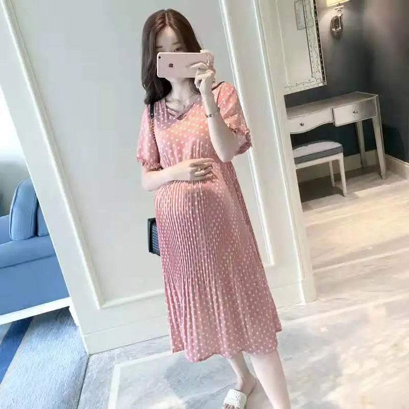 

Summer polka dot maternity dress short sleeve loose Black