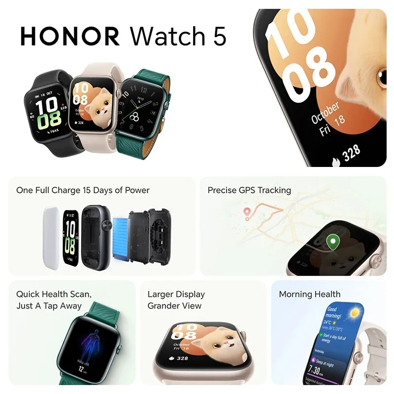 Фото Глобальная версия HONOR Watch 5: умные часы с AMOLED-экраном 1,85 дюйма, 64 МБ ОЗУ + 4 ГБ ПЗУ, аккумулятор 480 мАч, поддержка Bluetooth, водонепроницаемость 5ATM и IP68 №2