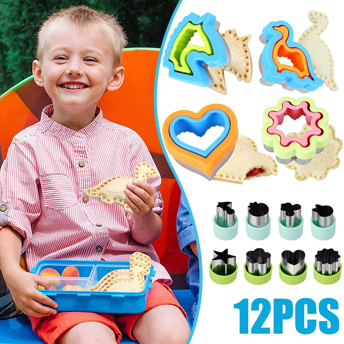 

12Pcs Sandwich Cutters Shapes Set for Kids Stainless Steel Cookie Fruit and Vegetable Cutters DIY Dinosaur Heart Flower One