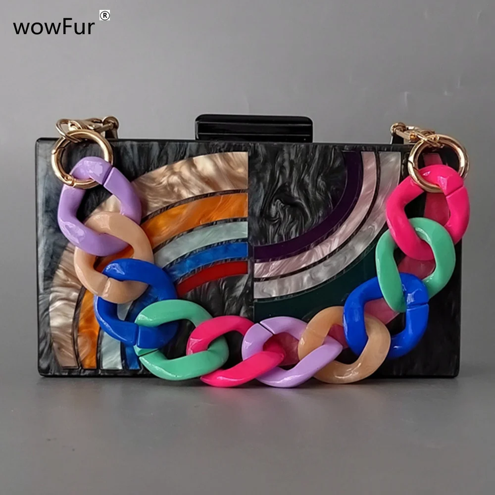 

Colorful Rainbow Handbag Retro Resin Handle Party Prom Clutch Purse Patchwork Box New Wallets Women Luxury Acrylic Evening Bags