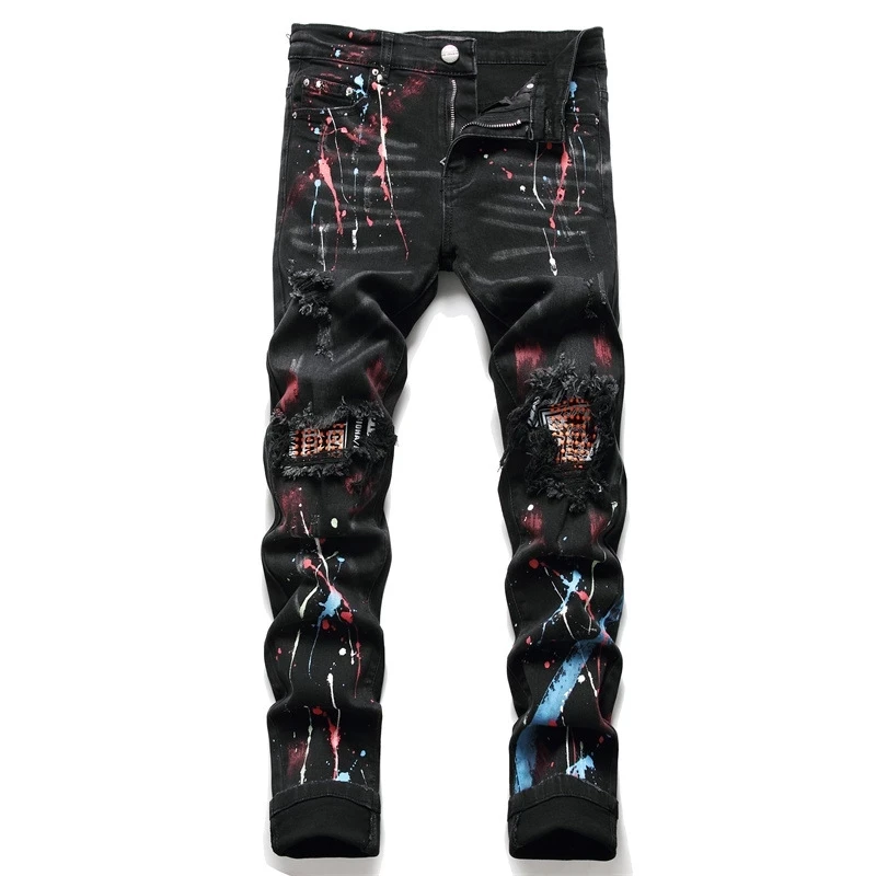 

Fashion Brand Men's Jeans Ripped Spray-Painted Black Stretch Pants Hot Drill High Street Casual Pants Autumn Hip-hop Clothing
