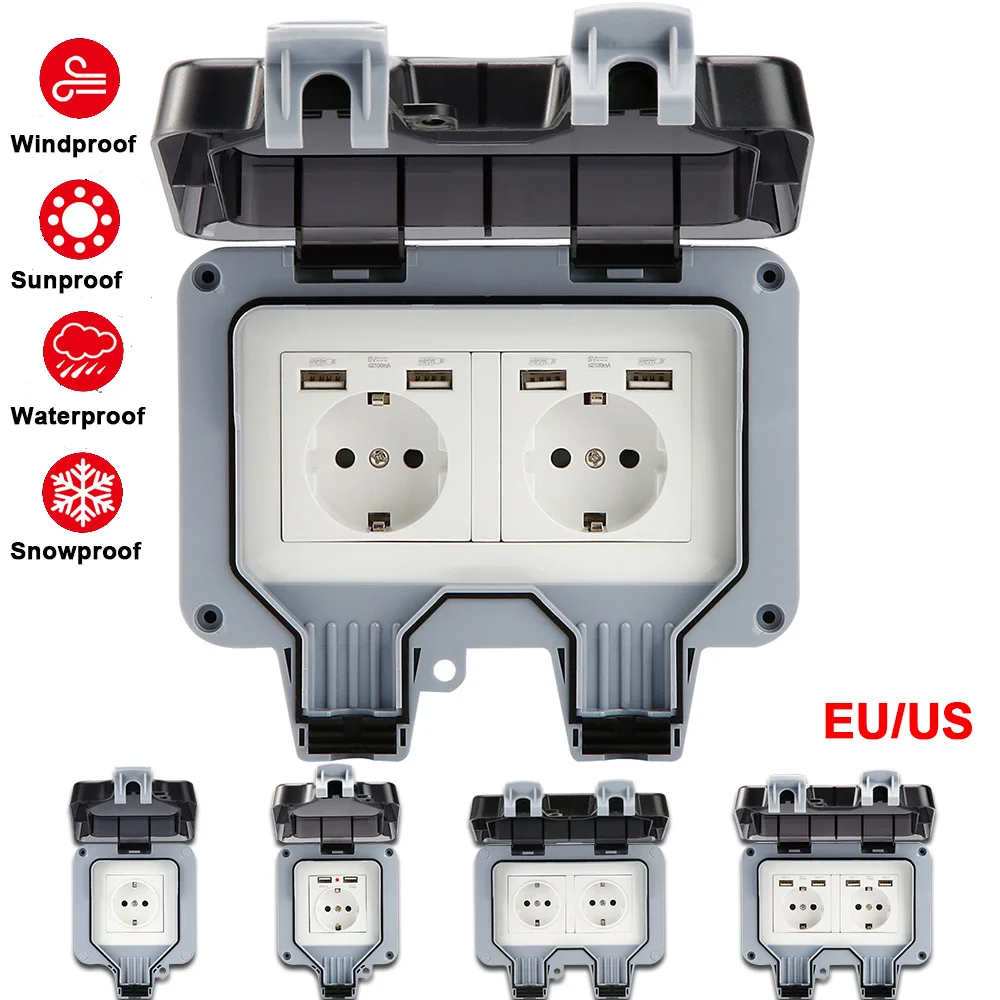 

IP66 Waterproof Socket With Dual USB Wall Electrical Outlets 16A Outdoor Garden Weatherproof Switched Socket Covers EU/US Plug
