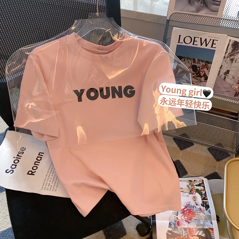 

Pink Letter Printing Korean Version Top Ins Tide 2022 Summer New Short-sleeved T-shirt Women's All-match Casual Harajuku Tees