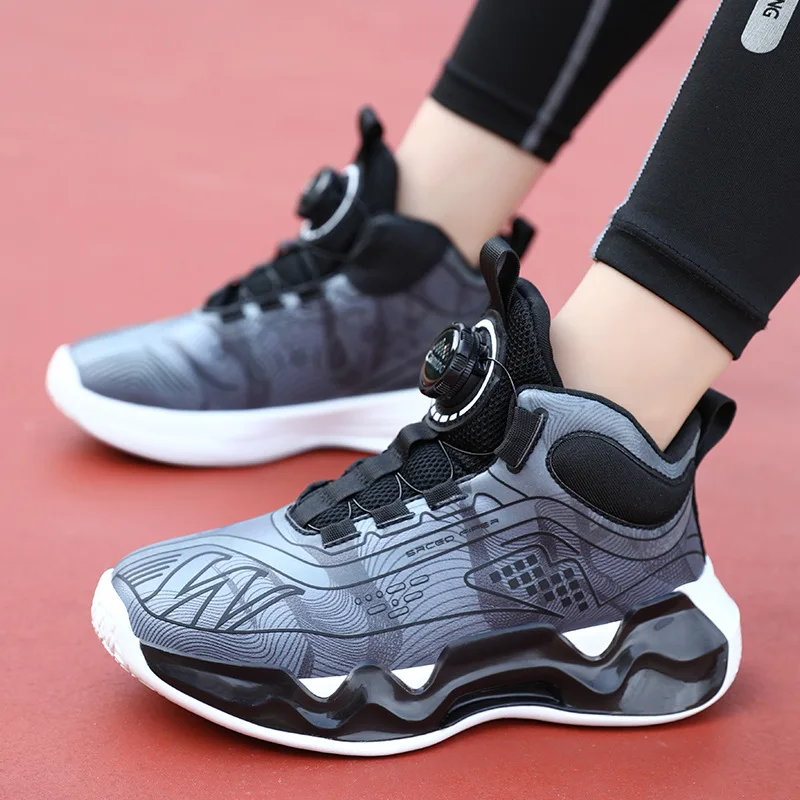 Quality Children's Basketball Shoes Boys' and Girls' Rotating Button Glow Running Shoes Non Slip Breathable Casual Sneakers enlarge