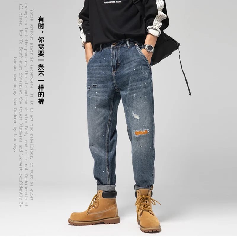 

Streetwear Men 2022 Fashion New Pattern Recreational Black Hole Pants Straight Cylinder Comfortable Loose Jeans Autumn Female