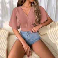 2022 summer new womens satin shirt solid color sexy v neck ruffle edge sleeve cropped fashion t shirt