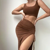 womens casual 2 piece set 2022 new spring and summer fashion exposed navel strapless top slim split skirt set tights set
