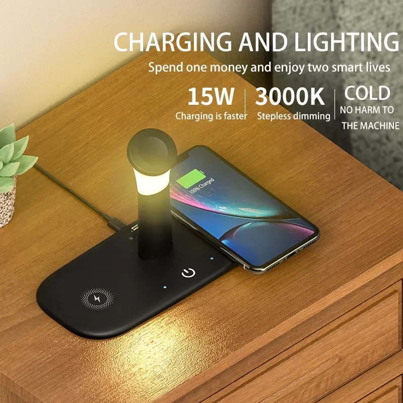 

15W 4 in 1 Wireless Charger for Iphone 13 12 mini Iwatch Samsung Galaxy S21/S20 Watch 3/Gear S3 Wireless Charger Table Lamp