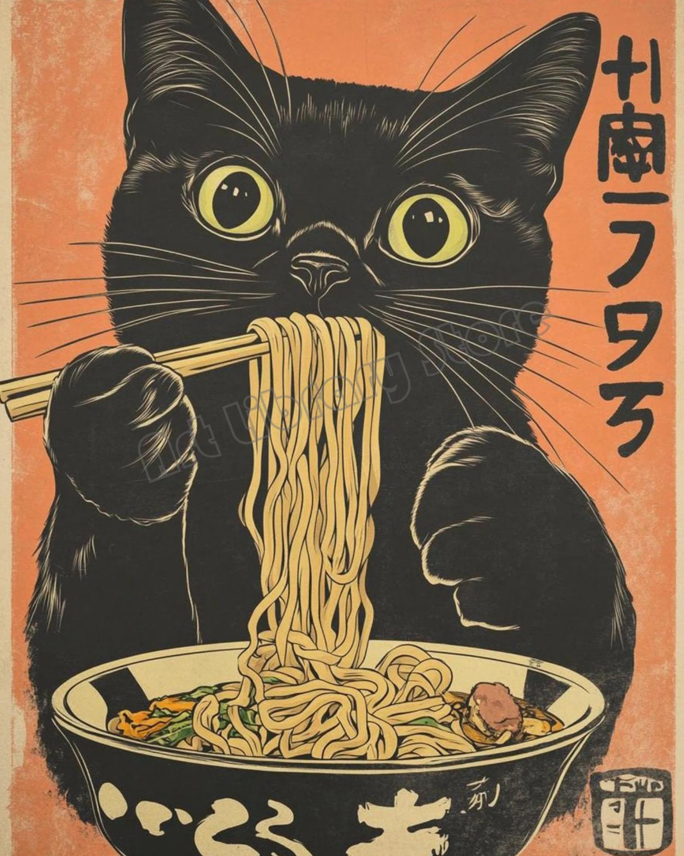 

Настенная картина "Черный кот ест лапшу"