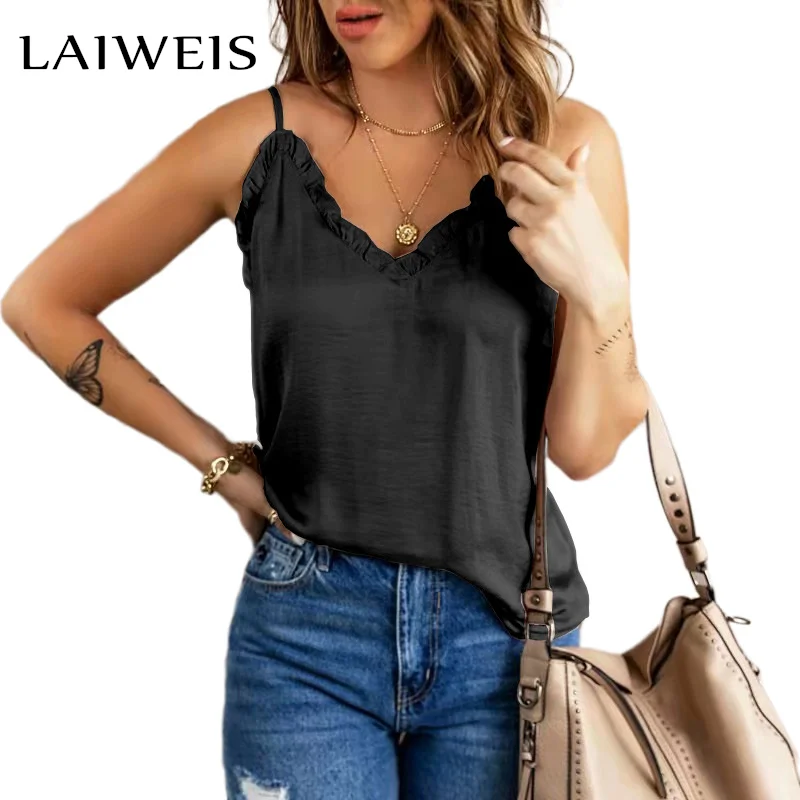 Майка женская атласная с лямкой на шее однотонная кружевная рубашка черный