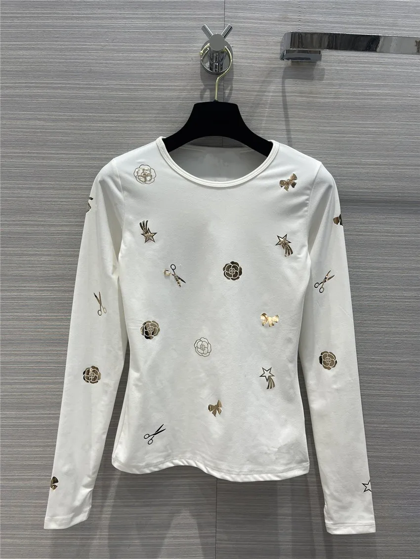 

Женская рубашка с круглым вырезом, черно-белая рубашка с бусинами и горячим тиснением