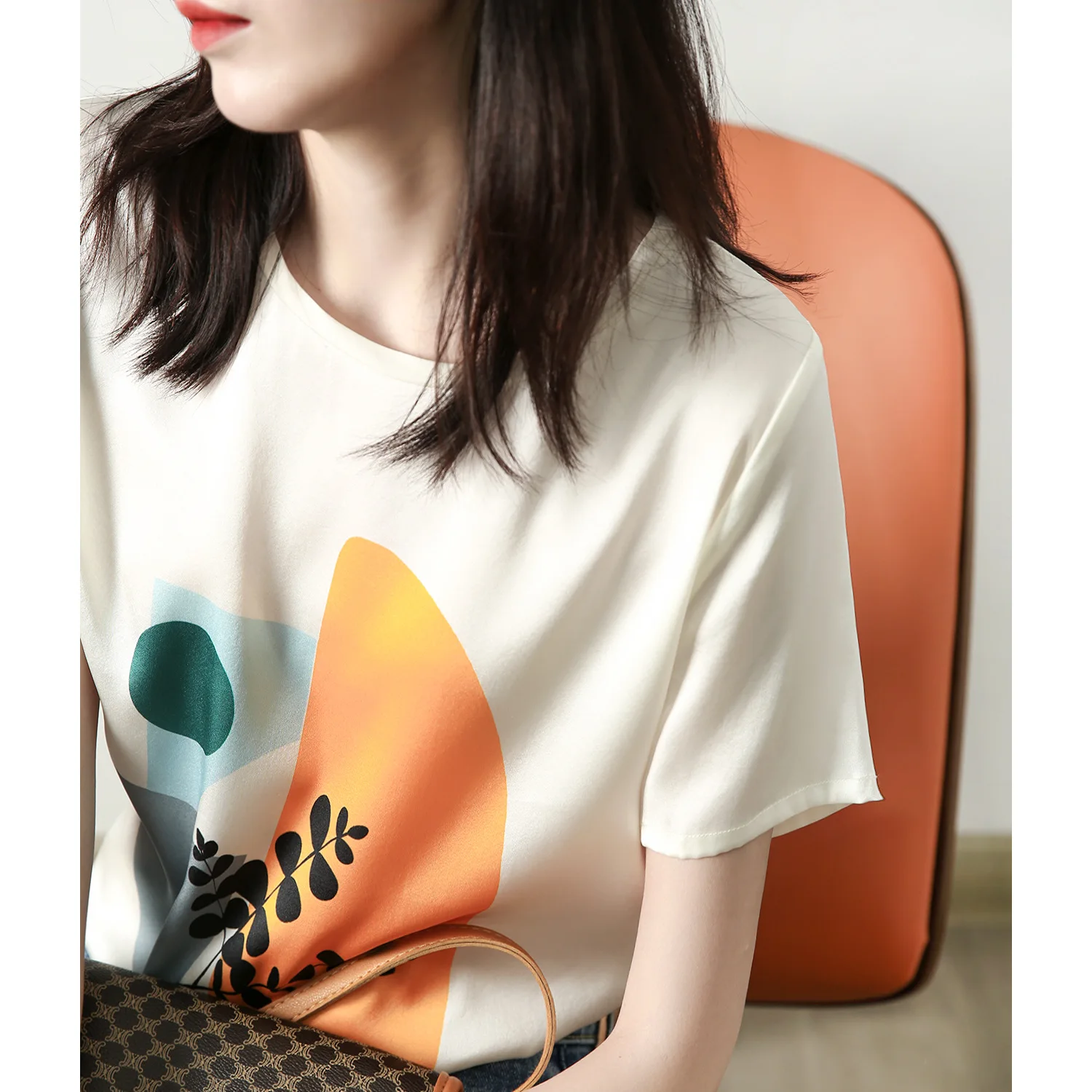 

No splicing Double-sided Heavyweight Silk T-shirt Mulberry Silk White Printed Short-sleeved 2023 Summer New Satin T-shirt