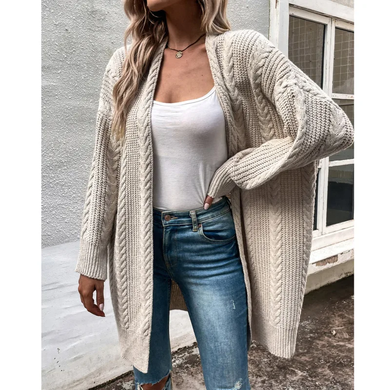 

Женский трикотажный кардиган средней длины, повседневный свободный свитер с длинным рукавом, винтажная уличная одежда для осени